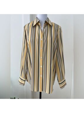 DELMOD Striped Long Sleeve Button Front Blouse Business Career Travel Chic